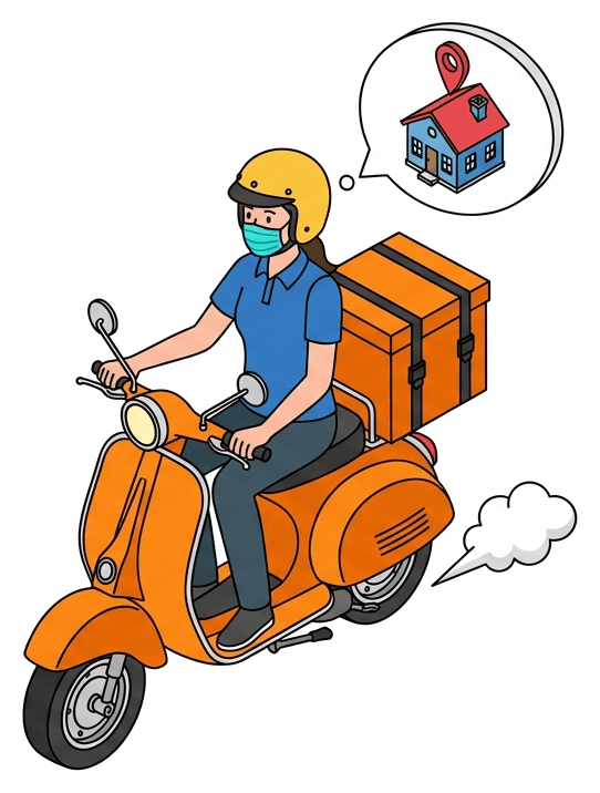 Delivery courier on bright orange vintage scooter